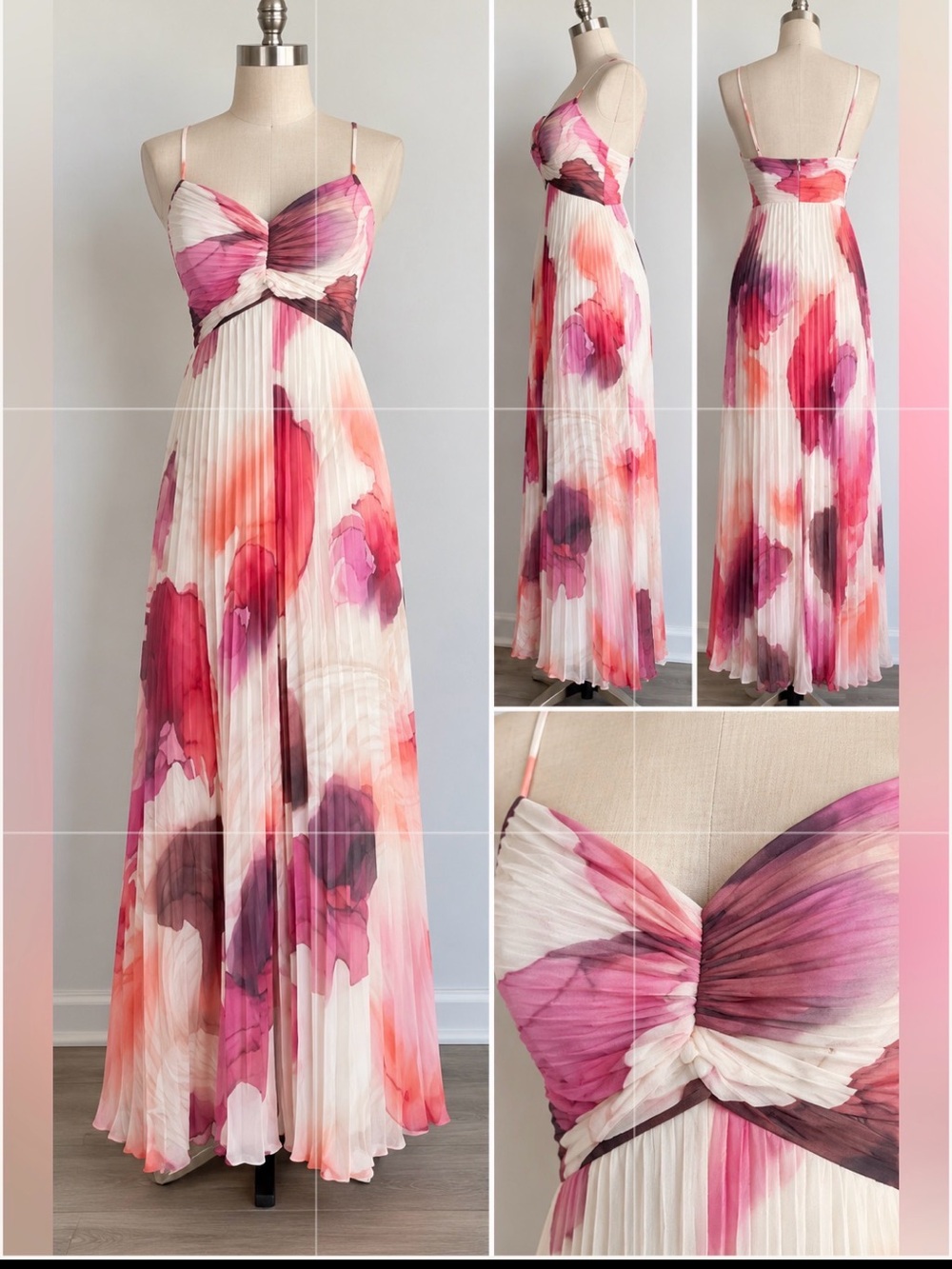 Express Pink and Red Floral Pleated Maxi Dress
